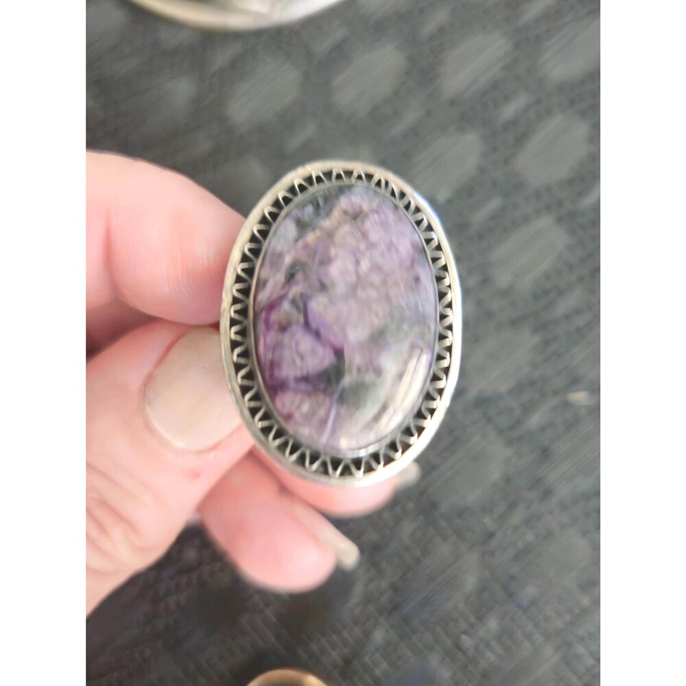 Vintage Jewelry Purple Stone Ring Charoite Style Cabochon Statement Ring - Size